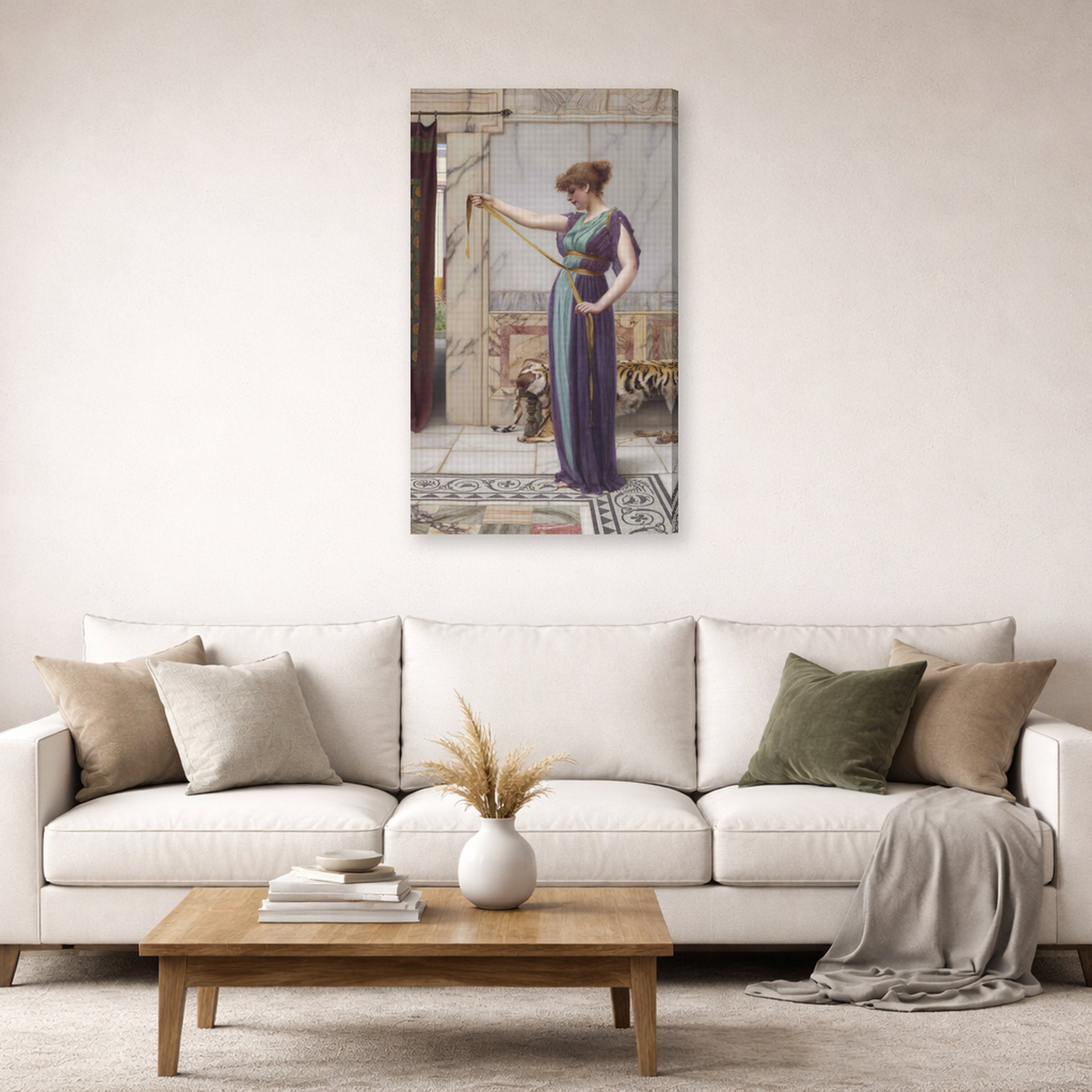 Gallery-wrapped canvas print of John William Godward's A Pompeian Lady displayed on a wall in a living room
