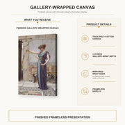 John William Godward - A Pompeian Lady gallery wrap canvas construction and hanging details infographic