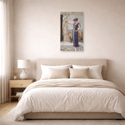 Unframed poster print of John William Godward's A Pompeian Lady displayed on a wall in a bedroom