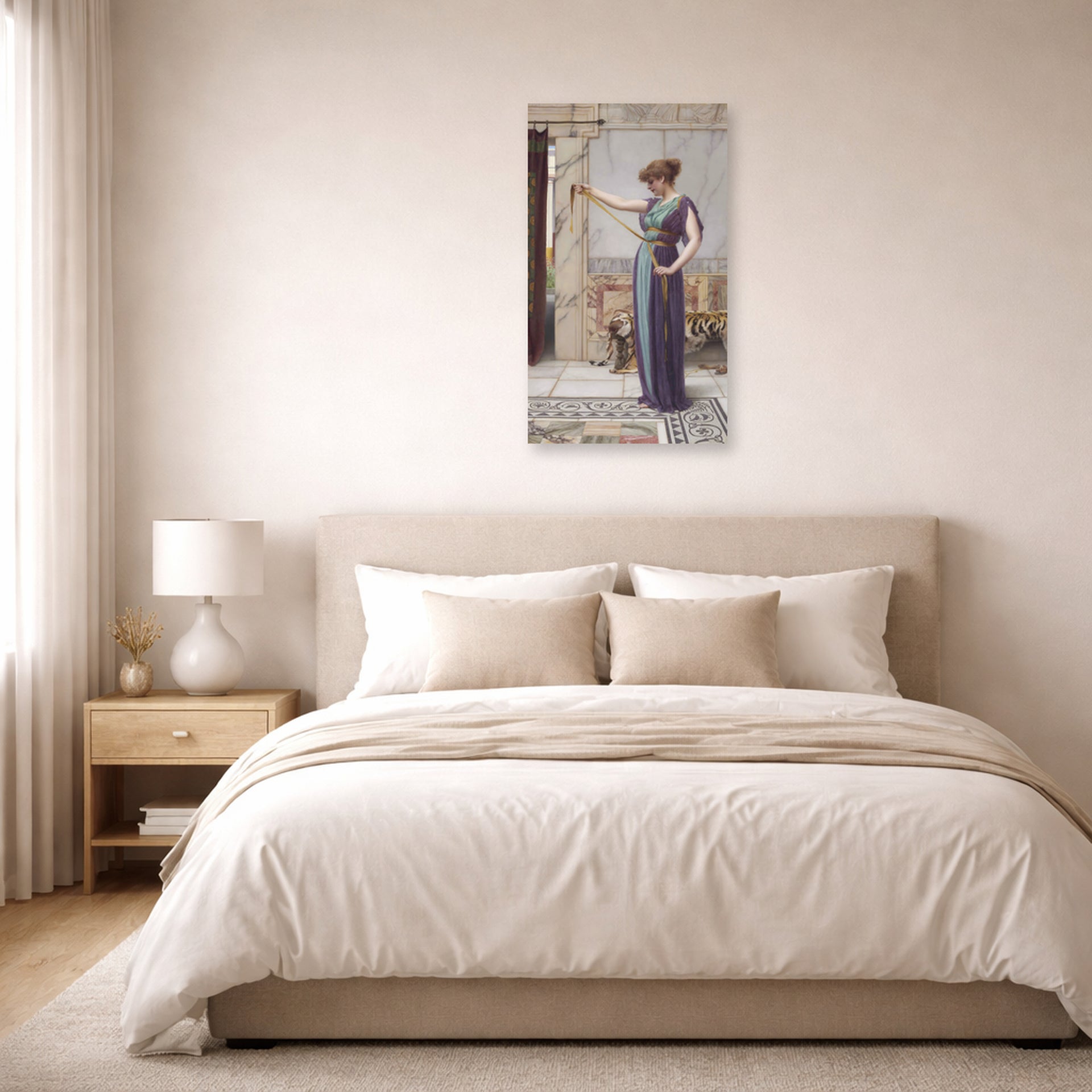 Unframed poster print of John William Godward's A Pompeian Lady displayed on a wall in a bedroom