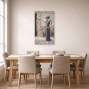 Unframed poster print of John William Godward's A Pompeian Lady displayed on a wall in a dining room