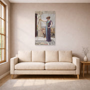 Unframed poster print of John William Godward's A Pompeian Lady displayed on a wall in a living room