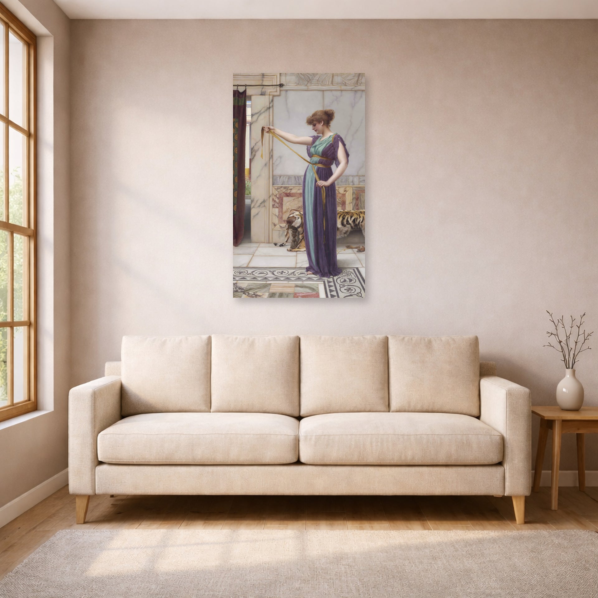 Unframed poster print of John William Godward's A Pompeian Lady displayed on a wall in a living room