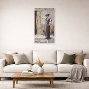 Unframed poster print of John William Godward's A Pompeian Lady displayed on a wall in a living room