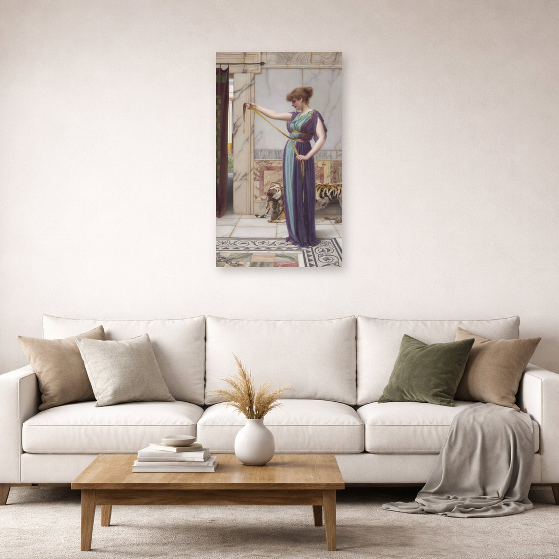 Unframed poster print of John William Godward's A Pompeian Lady displayed on a wall in a living room