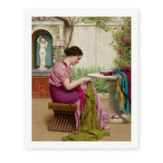 John William Godward's 'A Stitch in Time' painting reproduced as a rolled canvas print