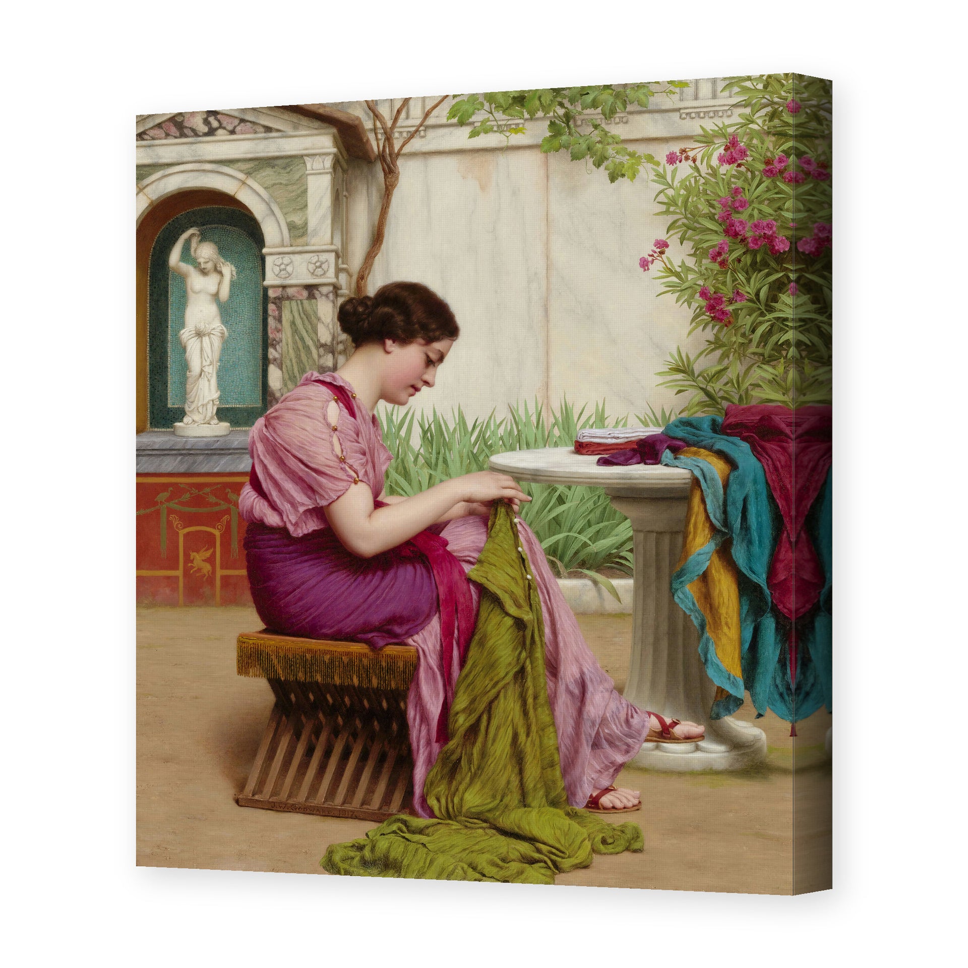 John William Godward's 'A Stitch in Time' painting reproduced as a gallery-wrapped canvas print