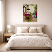 Gallery-wrapped canvas print of John William Godward's A Stitch in Time displayed on a wall in a bedroom