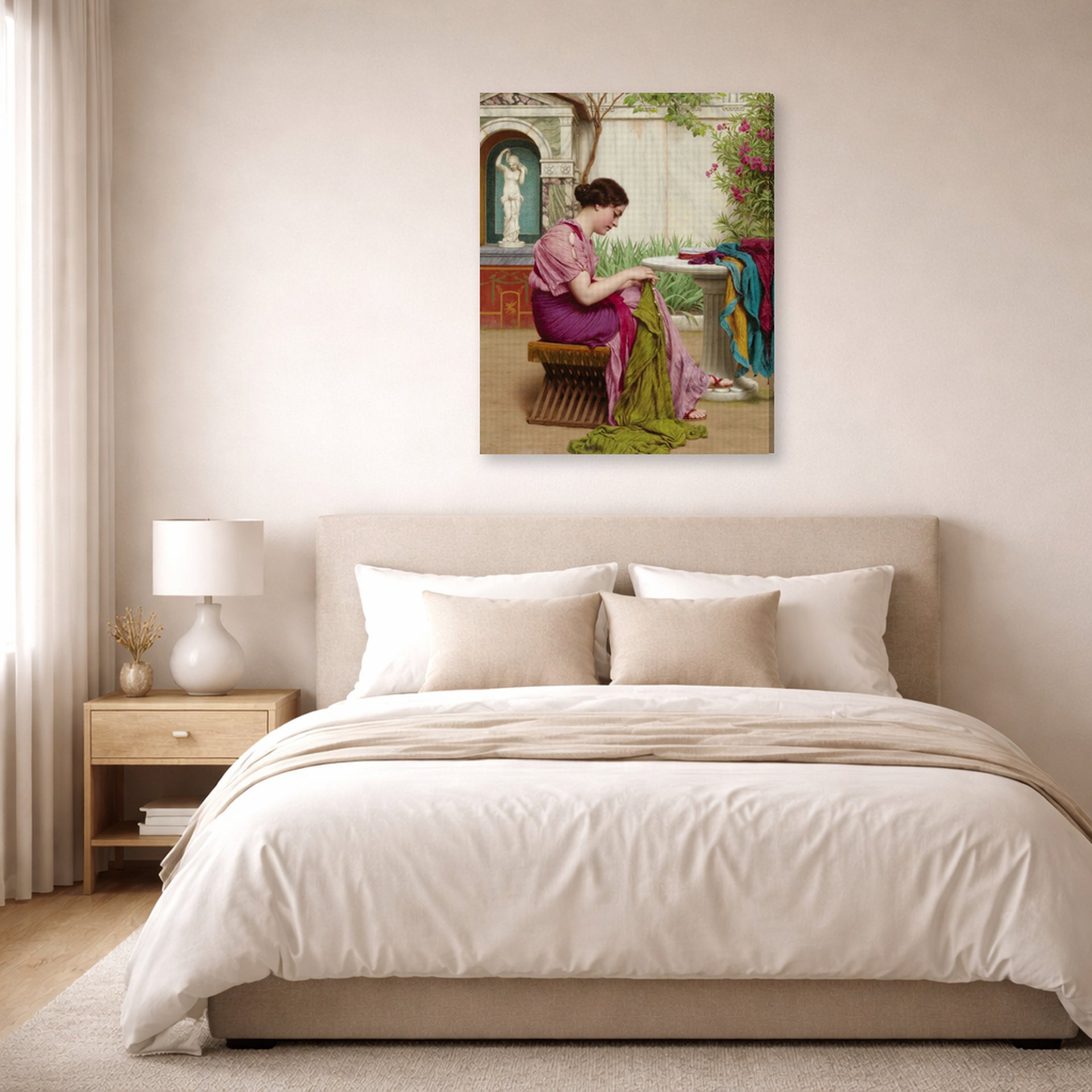 Gallery-wrapped canvas print of John William Godward's A Stitch in Time displayed on a wall in a bedroom