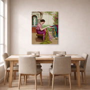 Gallery-wrapped canvas print of John William Godward's A Stitch in Time displayed on a wall in a dining room