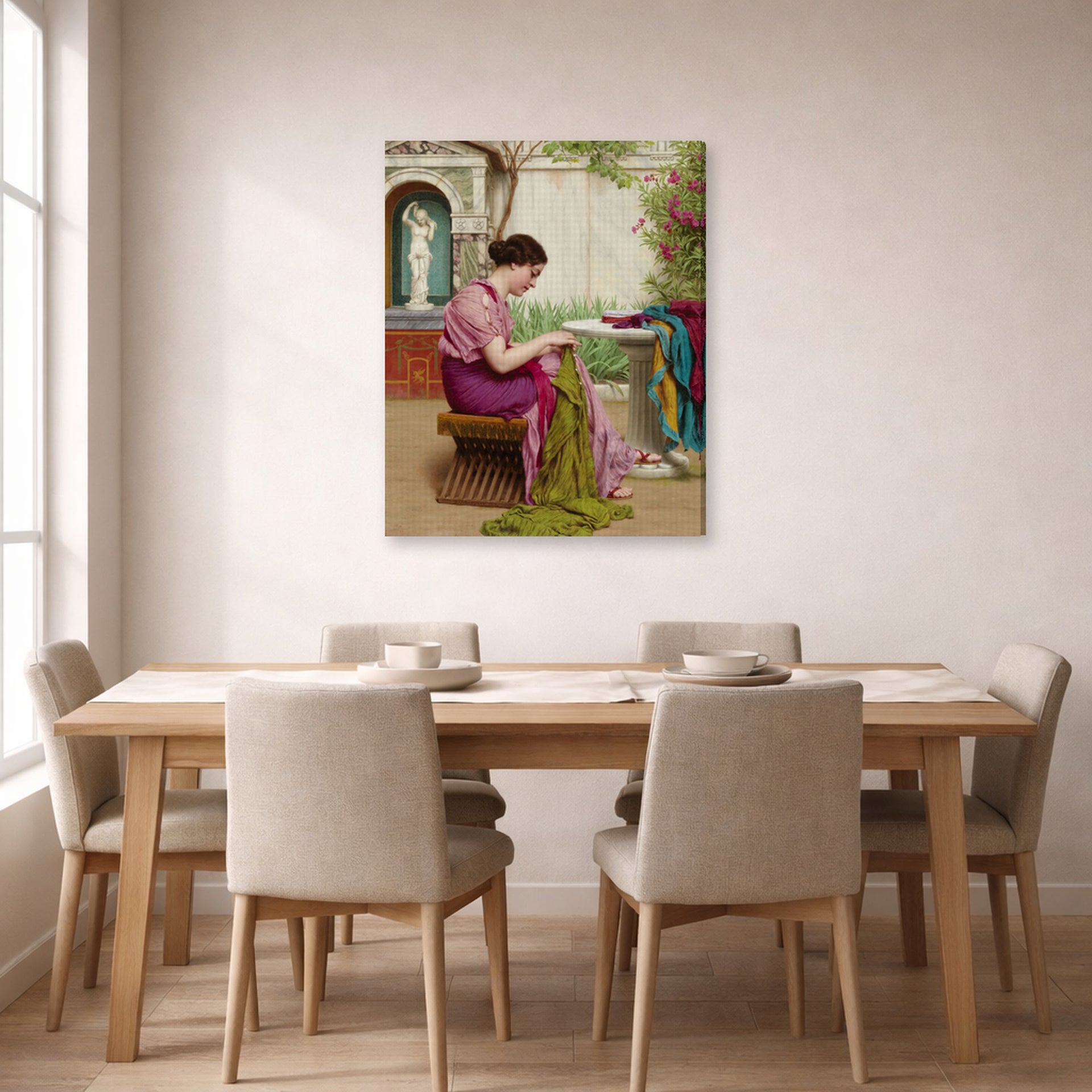 Gallery-wrapped canvas print of John William Godward's A Stitch in Time displayed on a wall in a dining room
