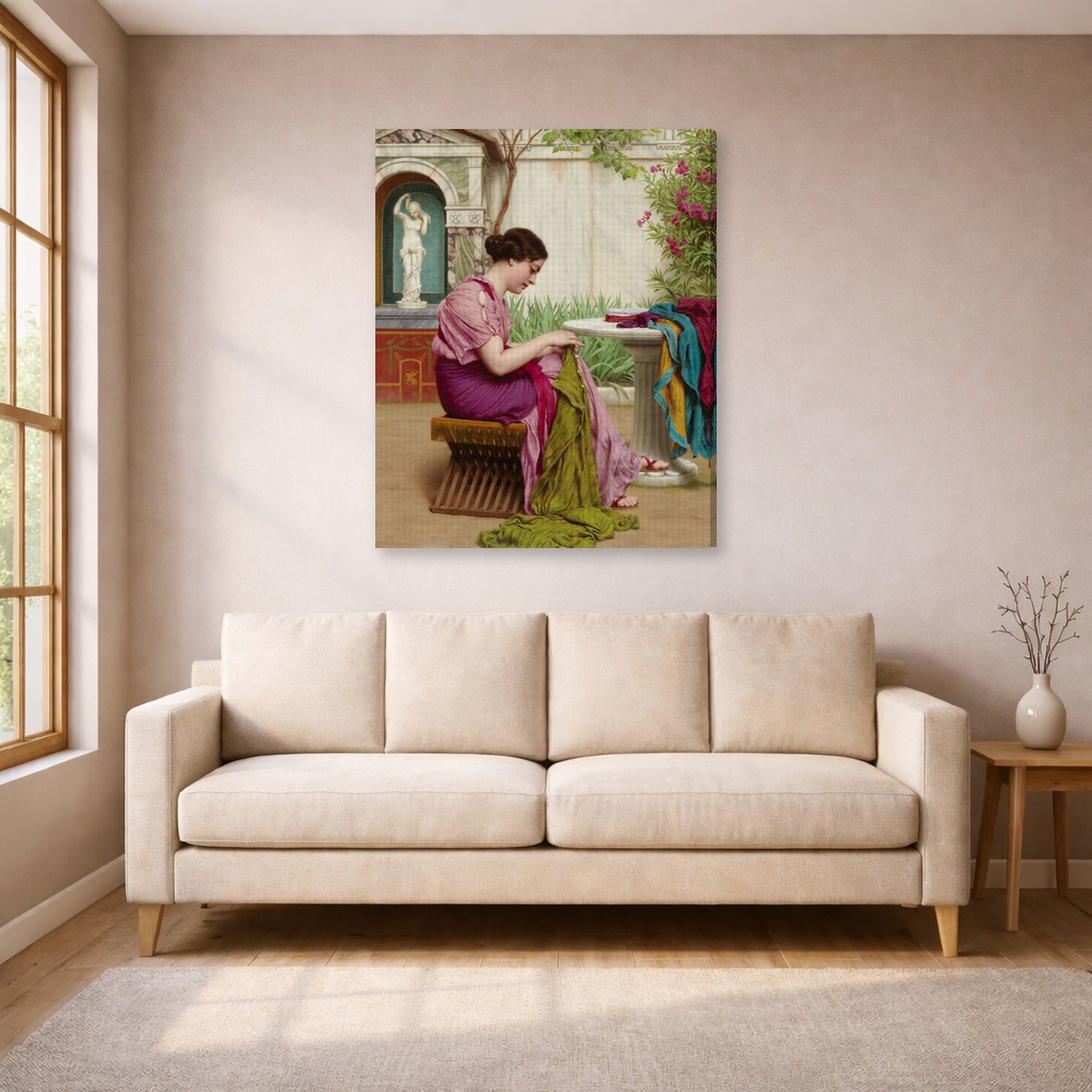 Gallery-wrapped canvas print of John William Godward's A Stitch in Time displayed on a wall in a living room