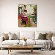 Gallery-wrapped canvas print of John William Godward's A Stitch in Time displayed on a wall in a living room