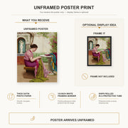 John William Godward - A Stitch in Time poster print size comparison and framing display infographic
