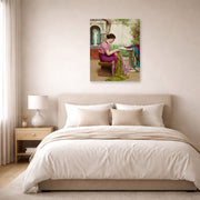 Unframed poster print of John William Godward's A Stitch in Time displayed on a wall in a bedroom