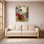 Unframed poster print of John William Godward's A Stitch in Time displayed on a wall in a living room