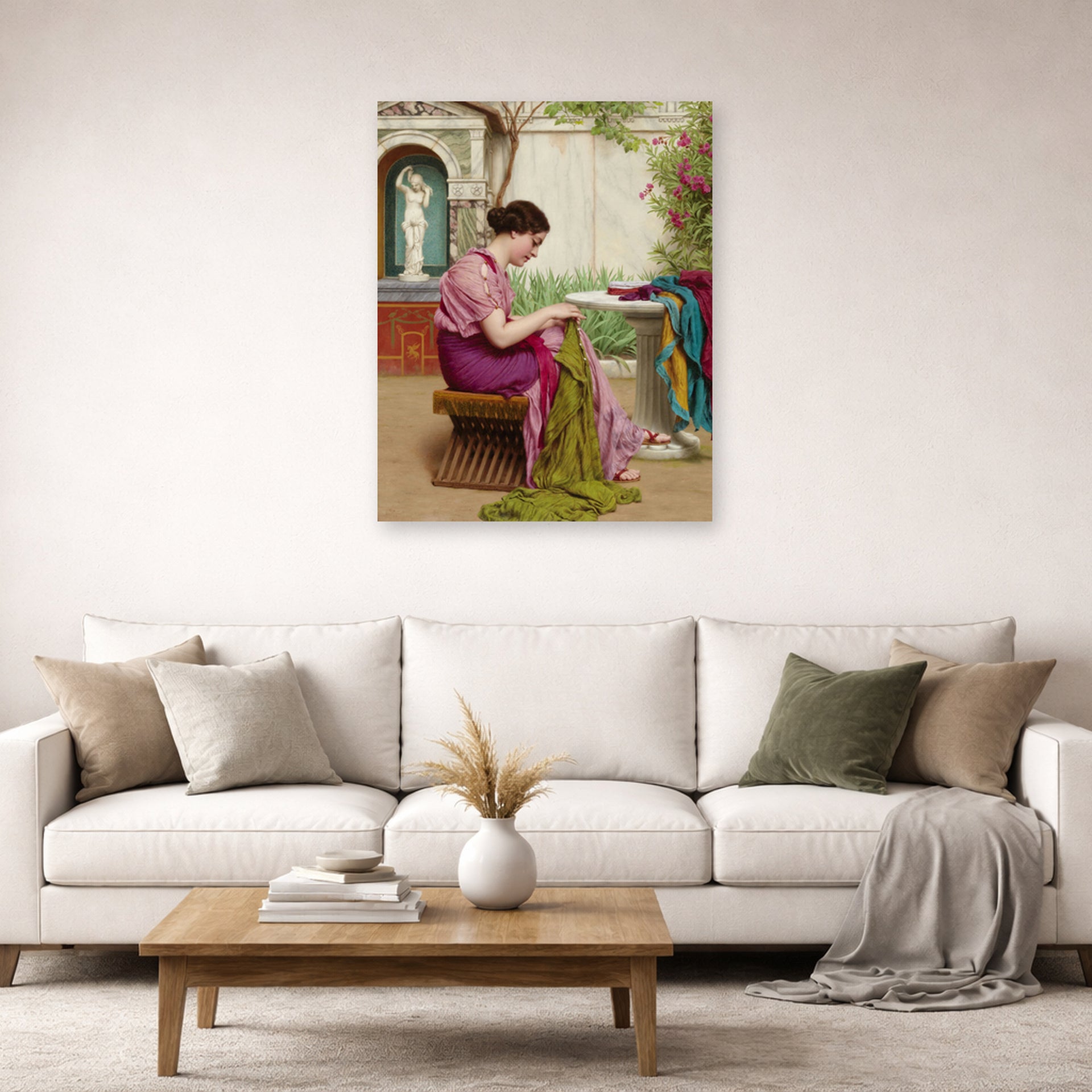 Unframed poster print of John William Godward's A Stitch in Time displayed on a wall in a living room