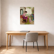 Unframed poster print of John William Godward's A Stitch in Time displayed on a wall in an office