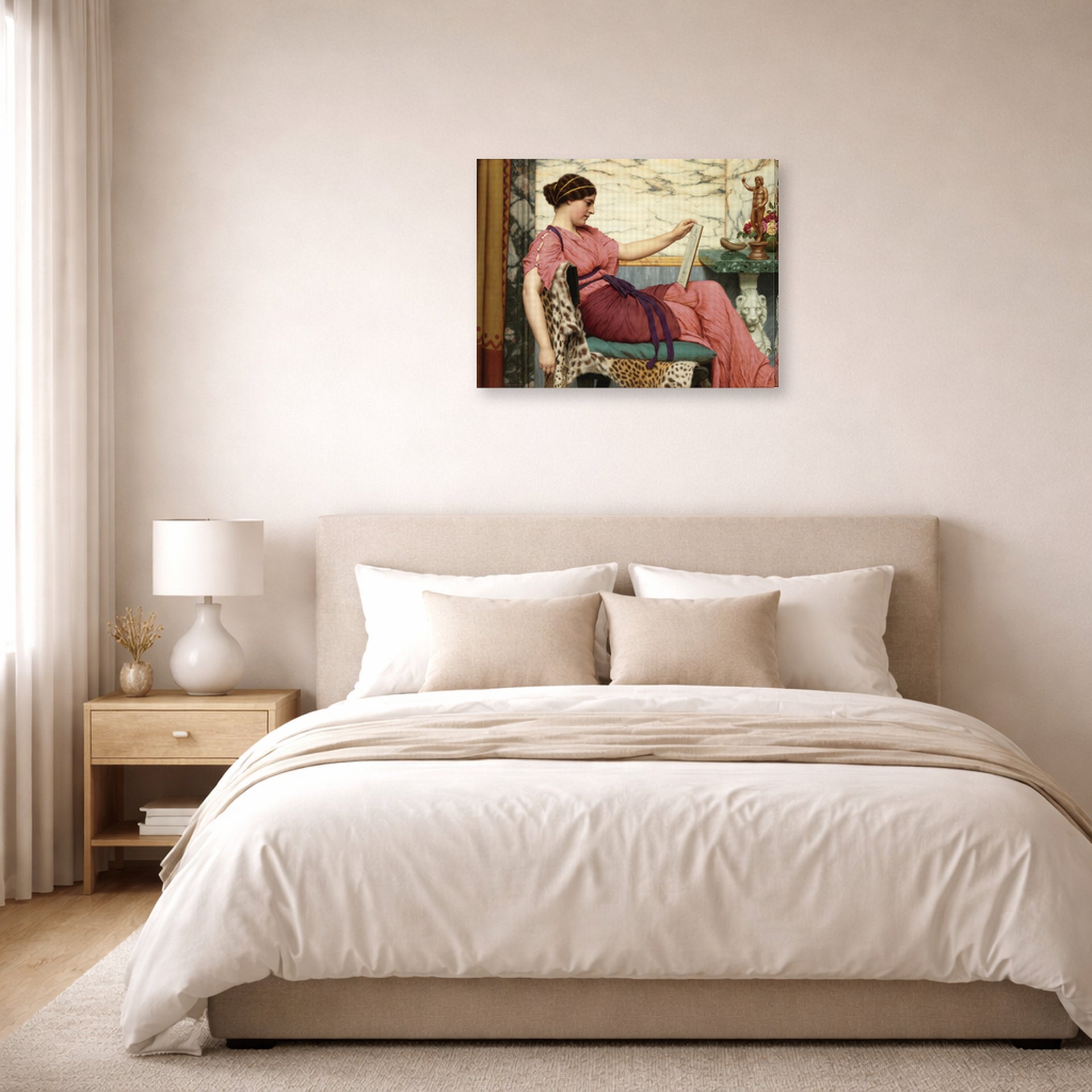 Gallery-wrapped canvas print of John William Godward's An Amateur displayed on a wall in a bedroom
