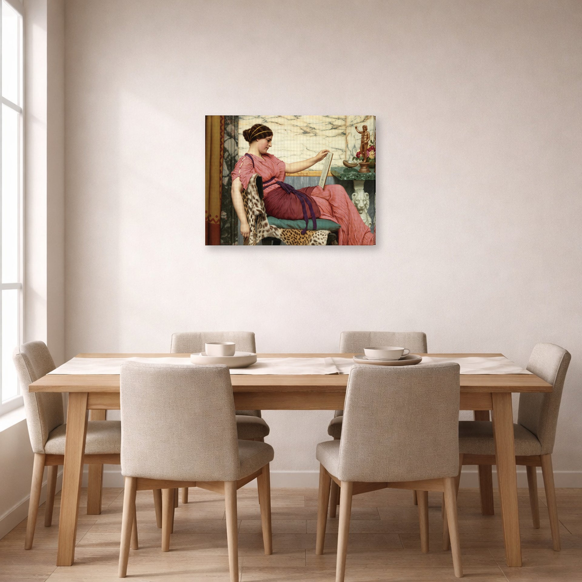 Gallery-wrapped canvas print of John William Godward's An Amateur displayed on a wall in a dining room