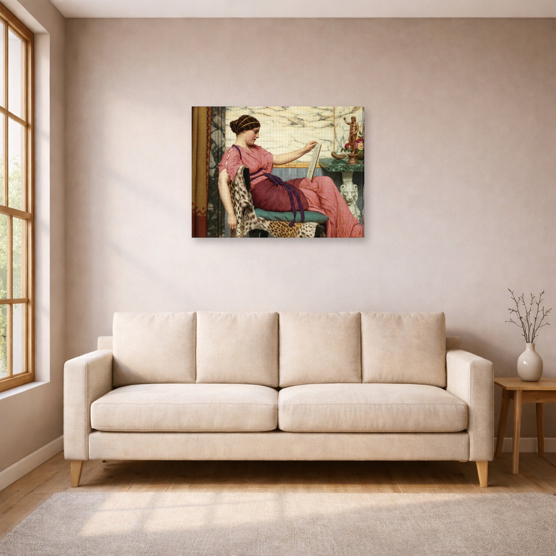 Gallery-wrapped canvas print of John William Godward's An Amateur displayed on a wall in a living room