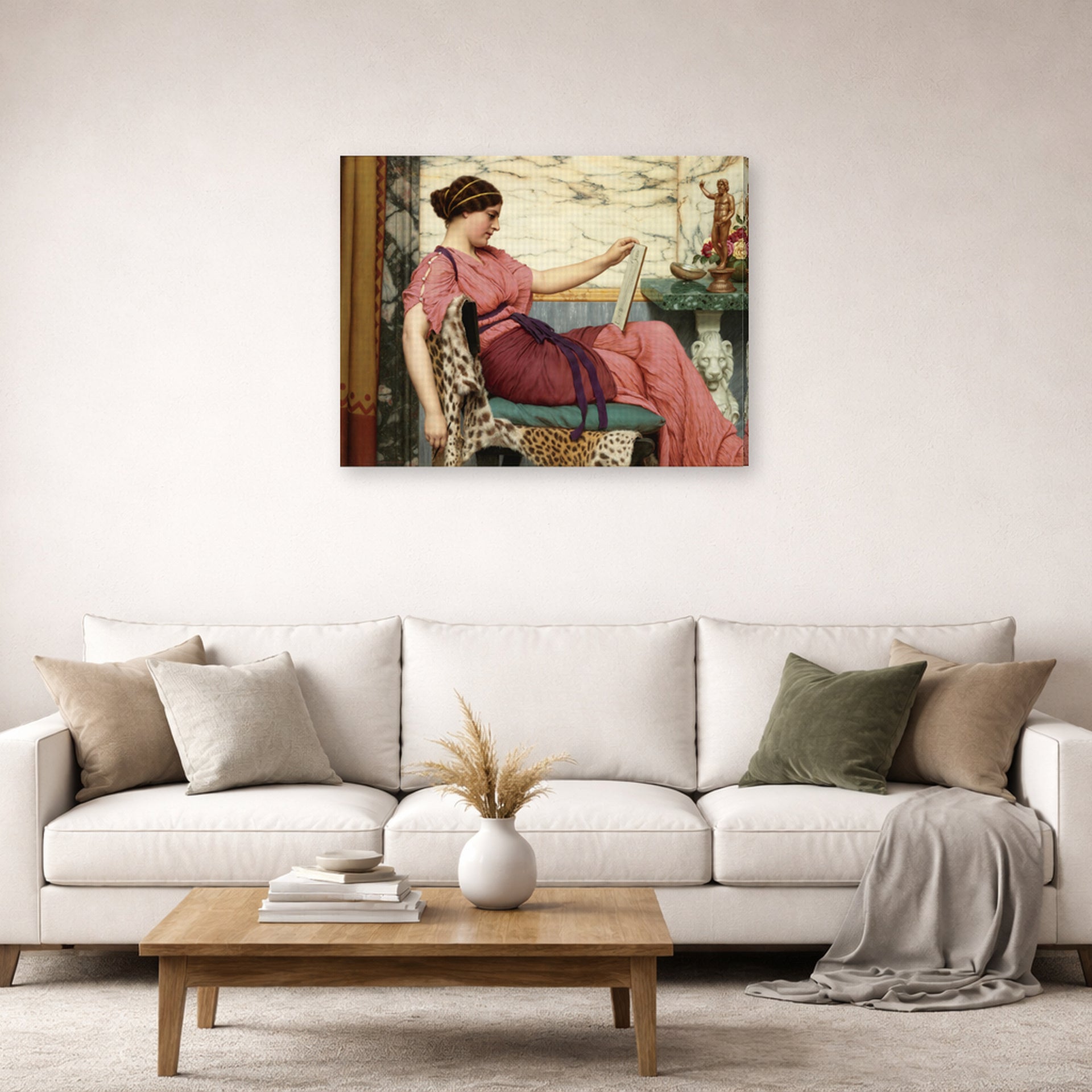 Gallery-wrapped canvas print of John William Godward's An Amateur displayed on a wall in a living room