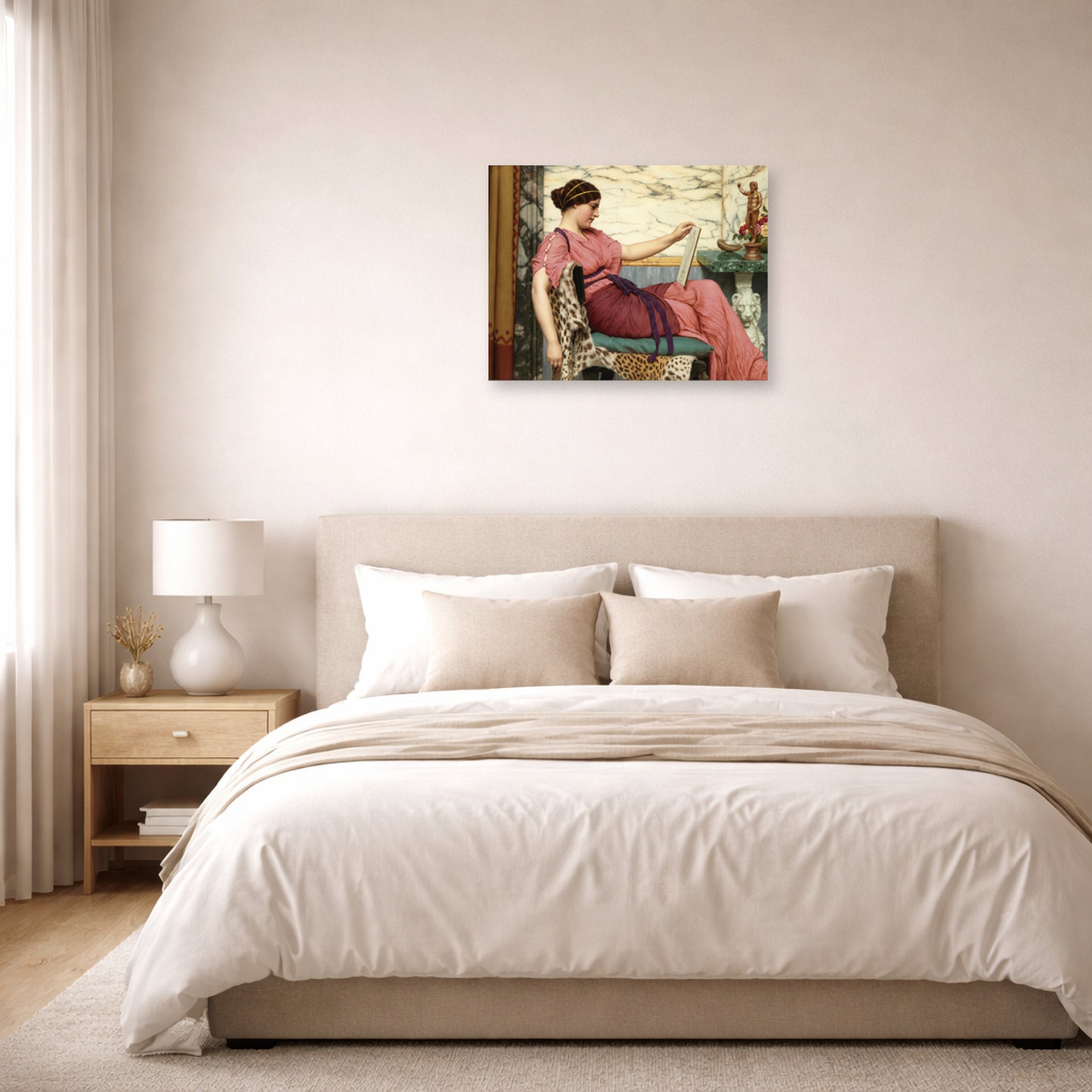 Unframed poster print of John William Godward's An Amateur displayed on a wall in a bedroom