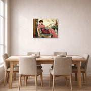 Unframed poster print of John William Godward's An Amateur displayed on a wall in a dining room