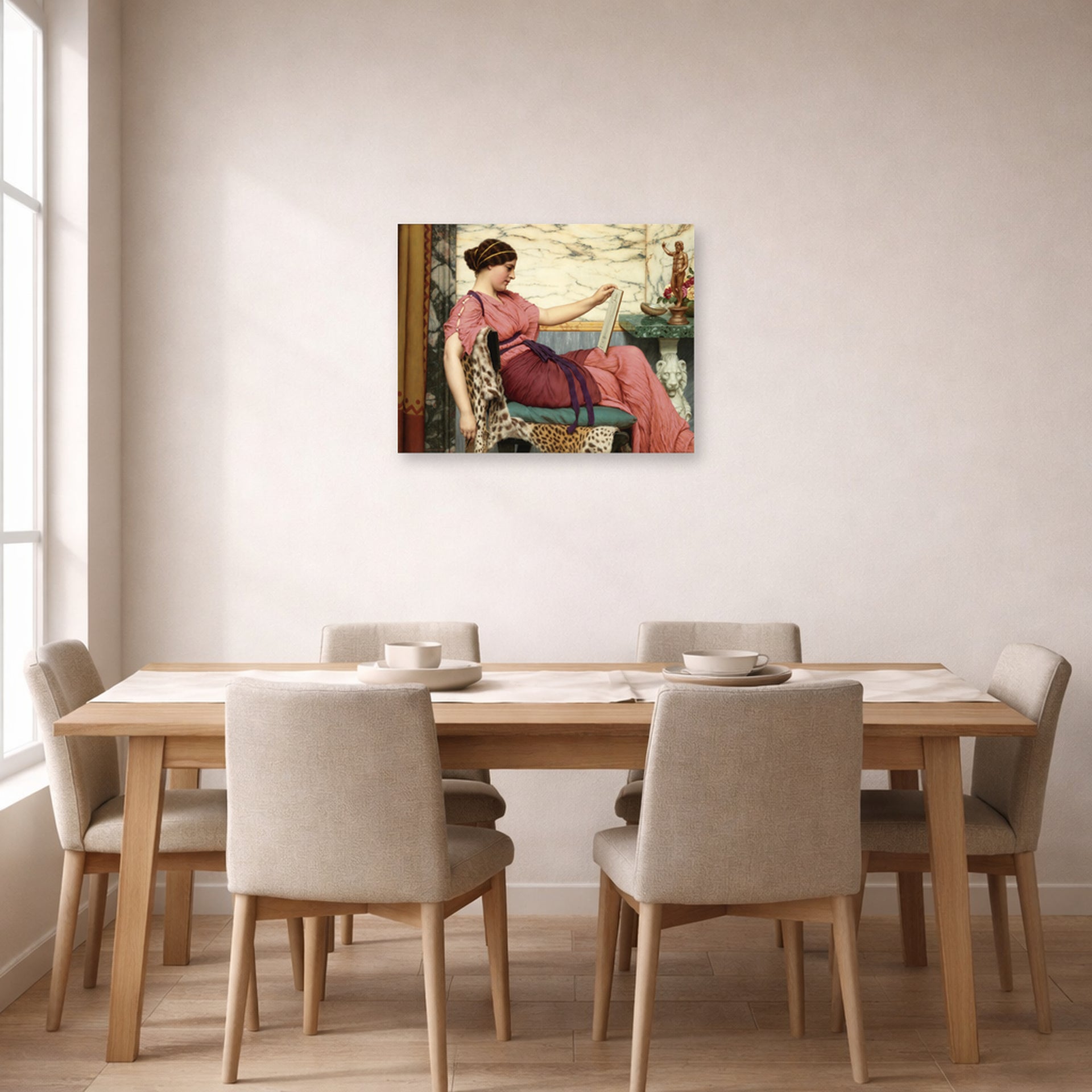 Unframed poster print of John William Godward's An Amateur displayed on a wall in a dining room