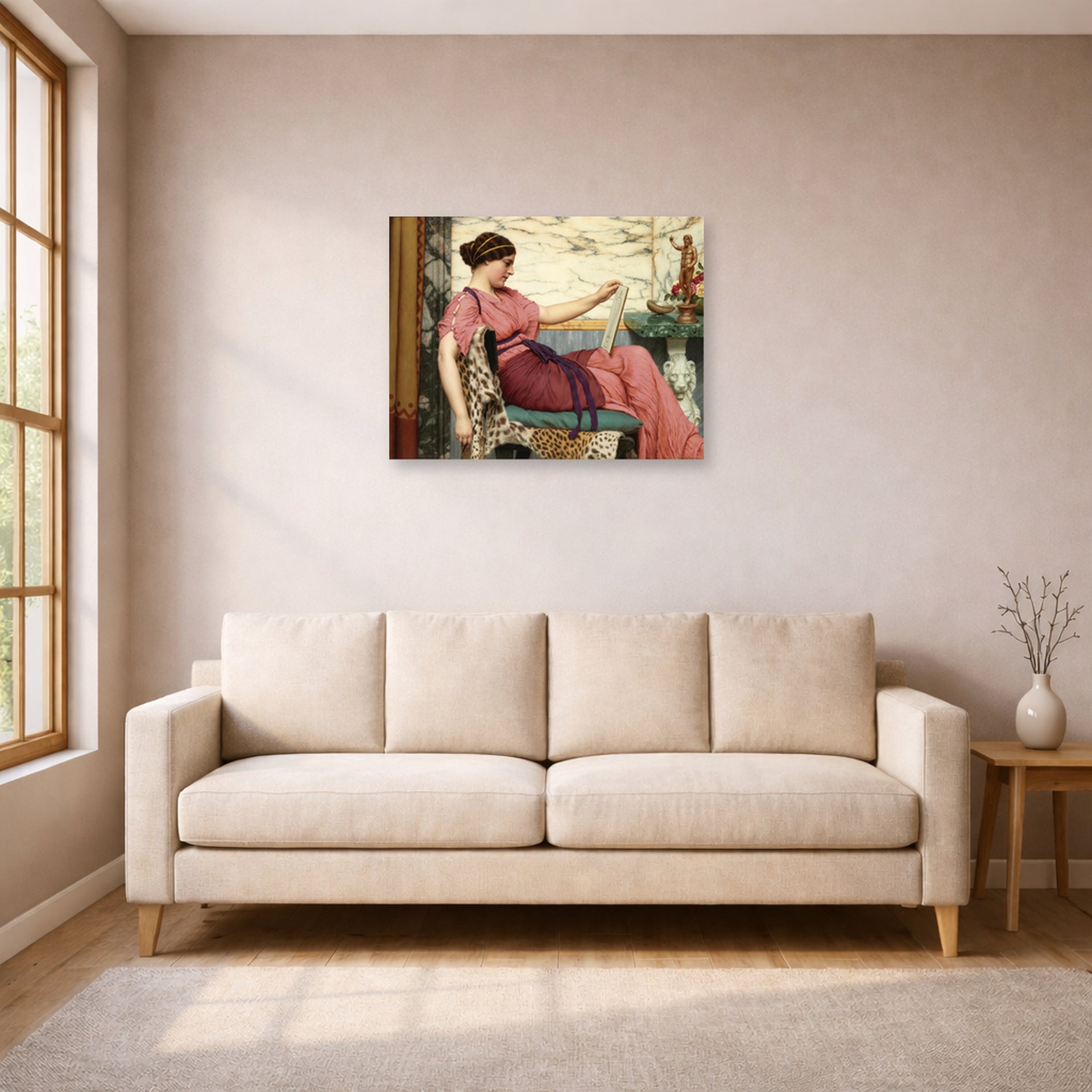 Unframed poster print of John William Godward's An Amateur displayed on a wall in a living room