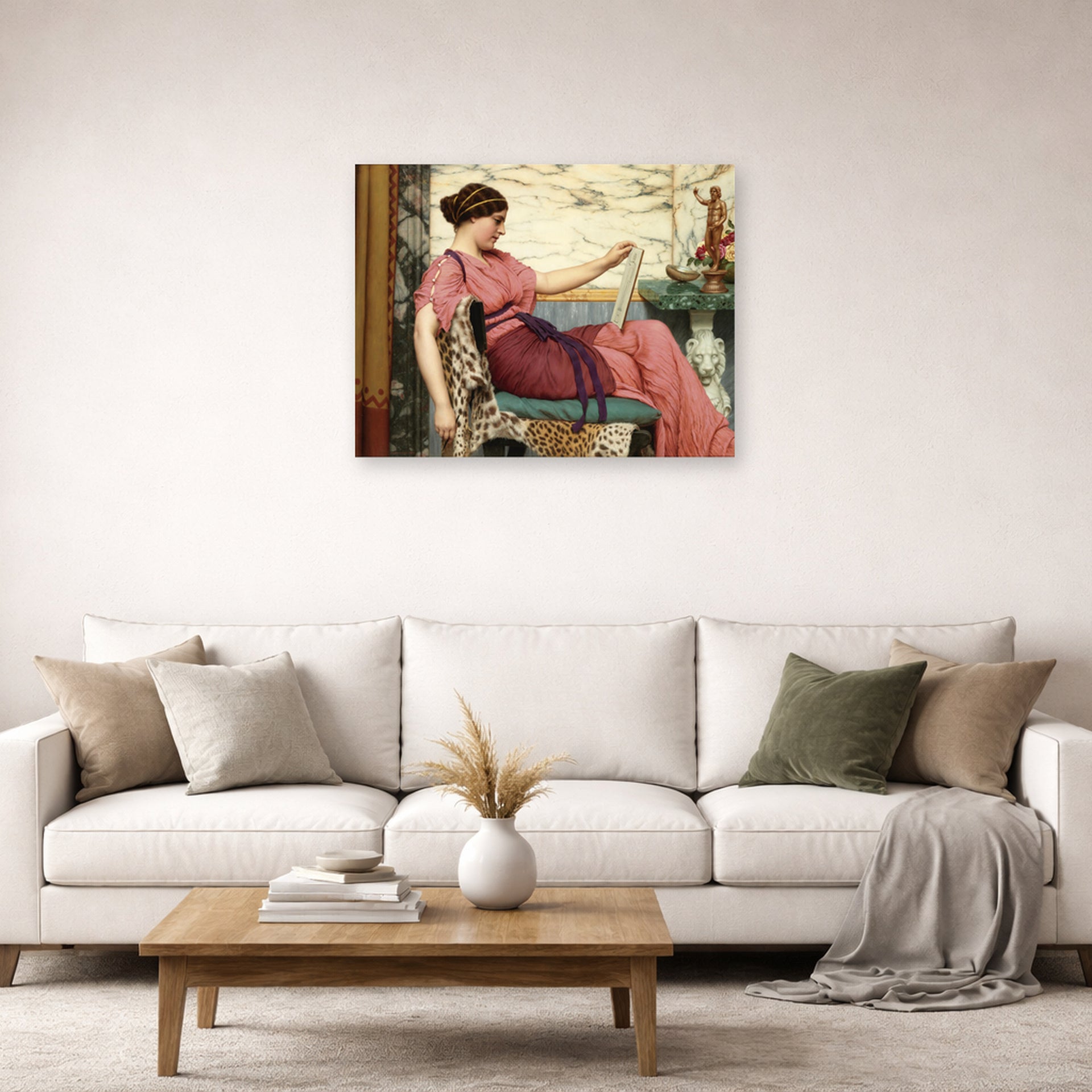 Unframed poster print of John William Godward's An Amateur displayed on a wall in a living room