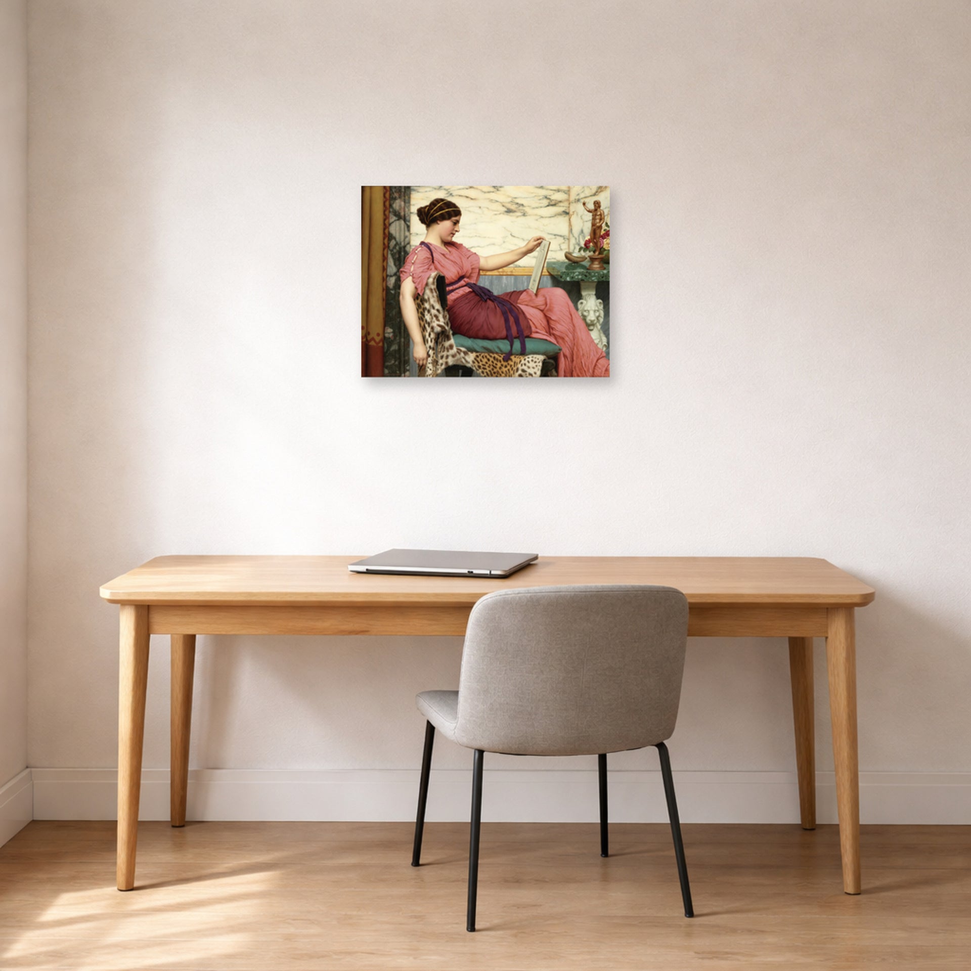 Unframed poster print of John William Godward's An Amateur displayed on a wall in an office