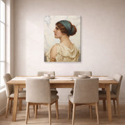 Gallery-wrapped canvas print of John William Godward's Atalanta displayed on a wall in a dining room