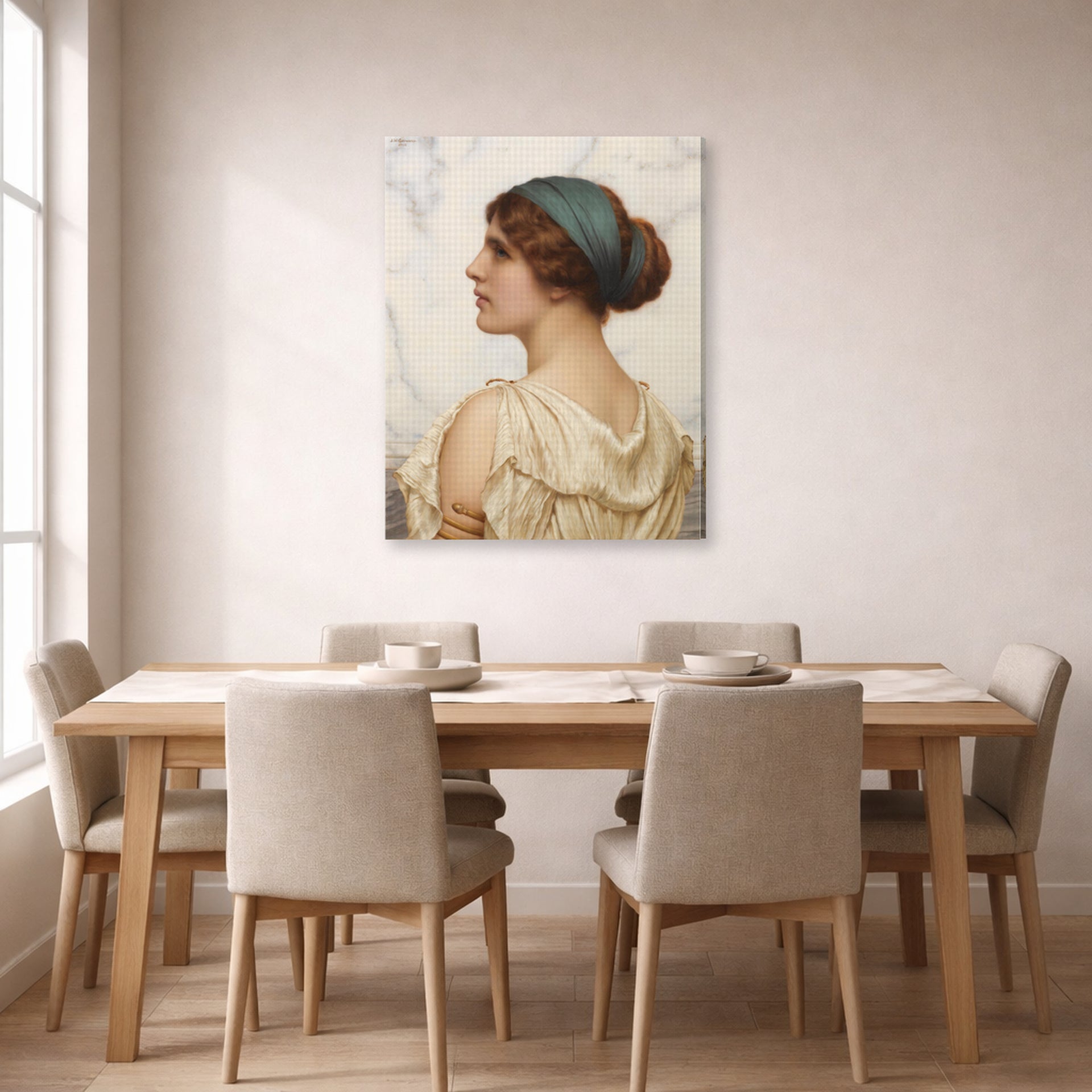 Gallery-wrapped canvas print of John William Godward's Atalanta displayed on a wall in a dining room