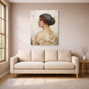 Gallery-wrapped canvas print of John William Godward's Atalanta displayed on a wall in a living room