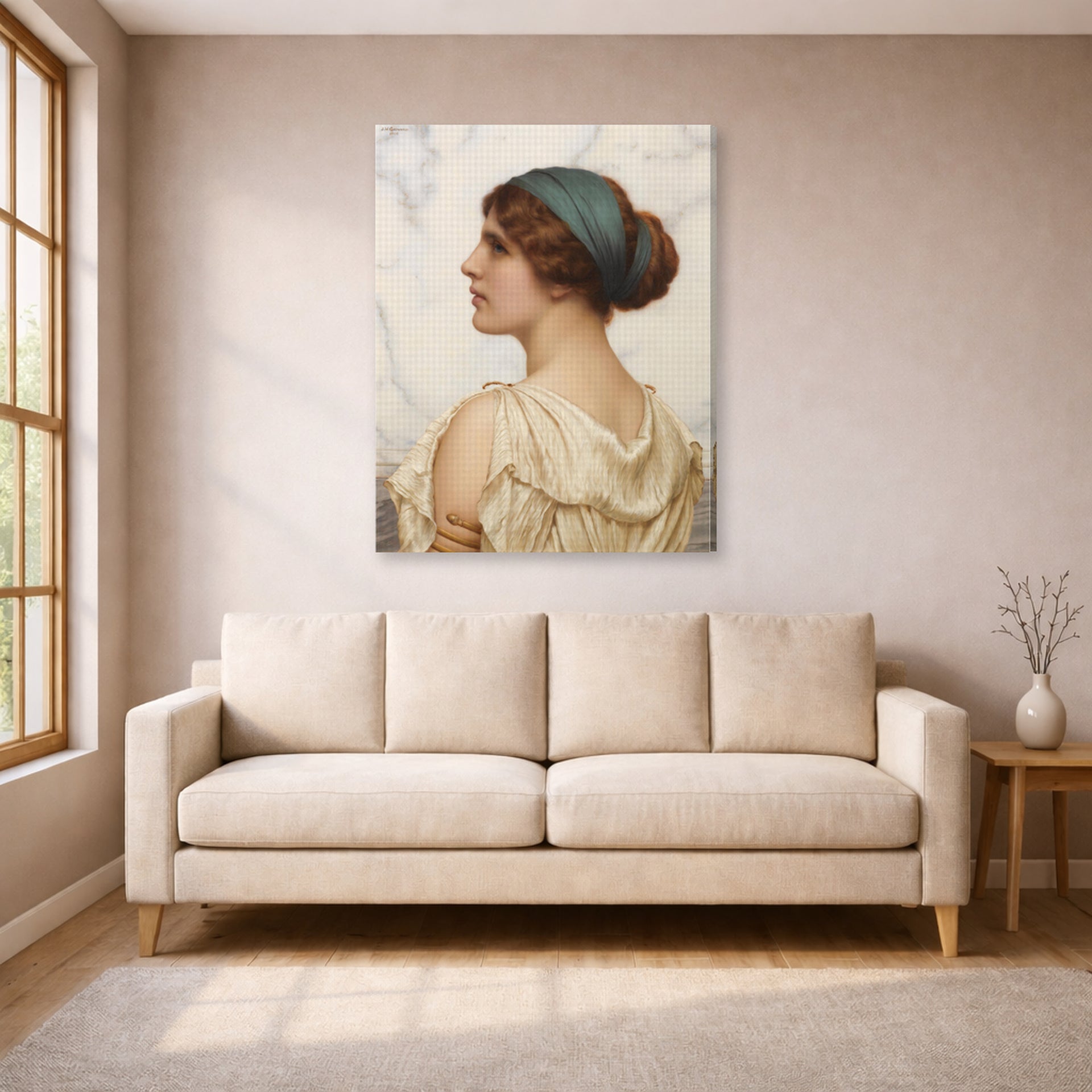 Gallery-wrapped canvas print of John William Godward's Atalanta displayed on a wall in a living room