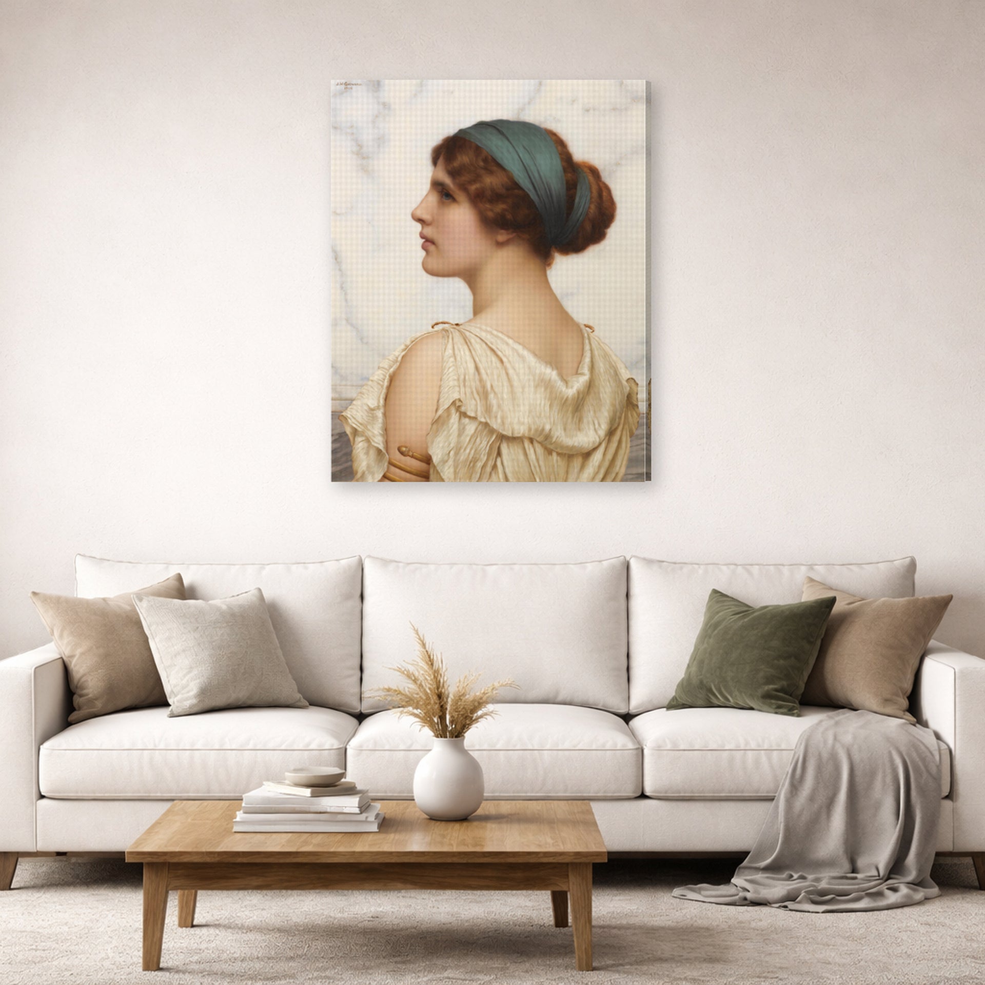 Gallery-wrapped canvas print of John William Godward's Atalanta displayed on a wall in a living room