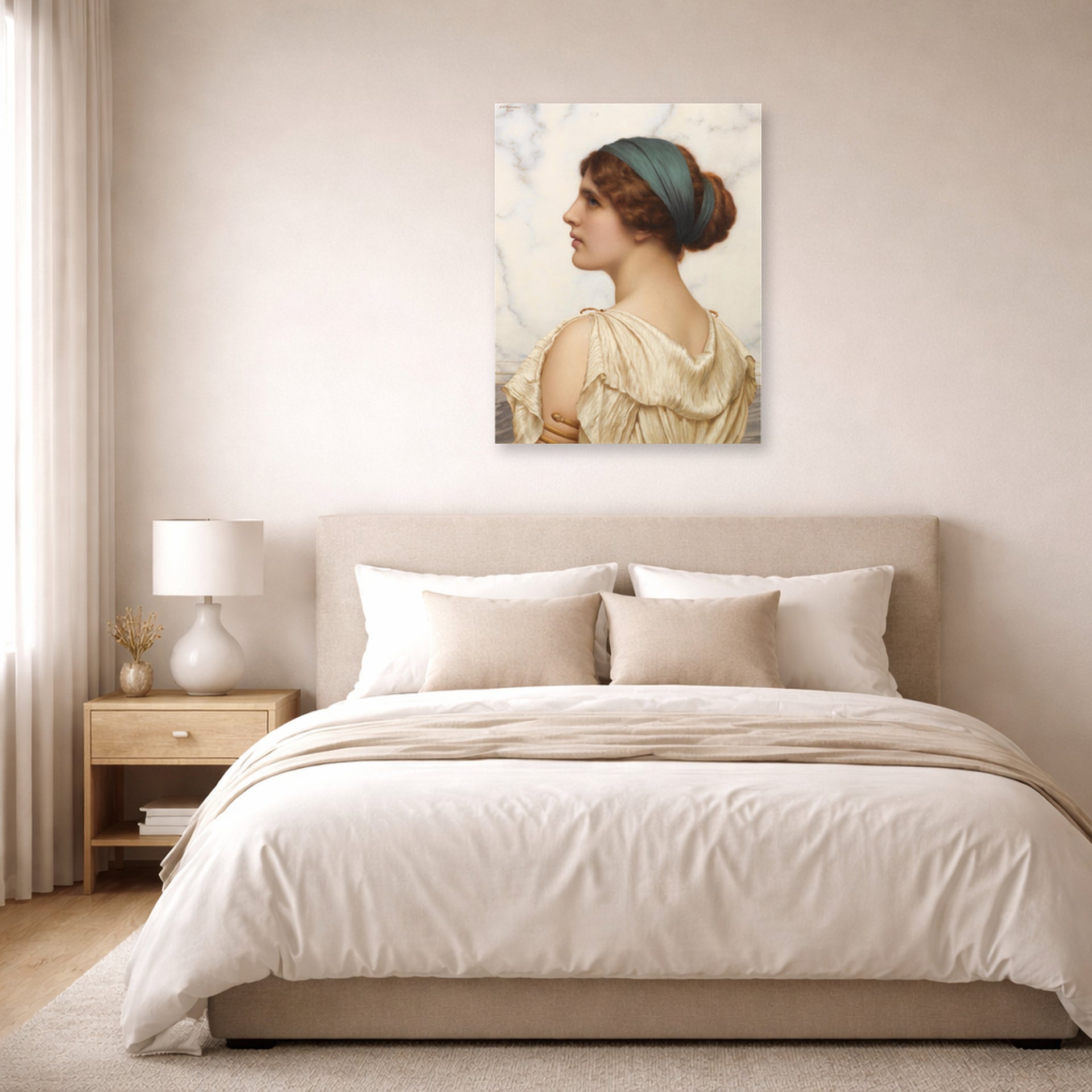 Unframed poster print of John William Godward's Atalanta displayed on a wall in a bedroom
