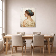 Unframed poster print of John William Godward's Atalanta displayed on a wall in a dining room