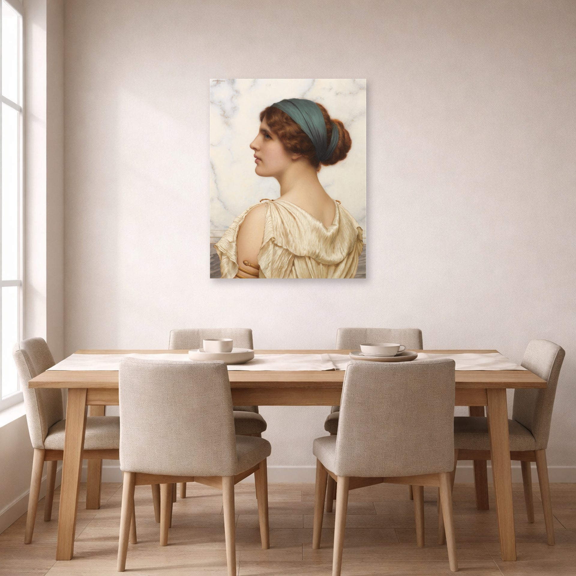 Unframed poster print of John William Godward's Atalanta displayed on a wall in a dining room