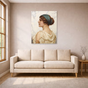 Unframed poster print of John William Godward's Atalanta displayed on a wall in a living room