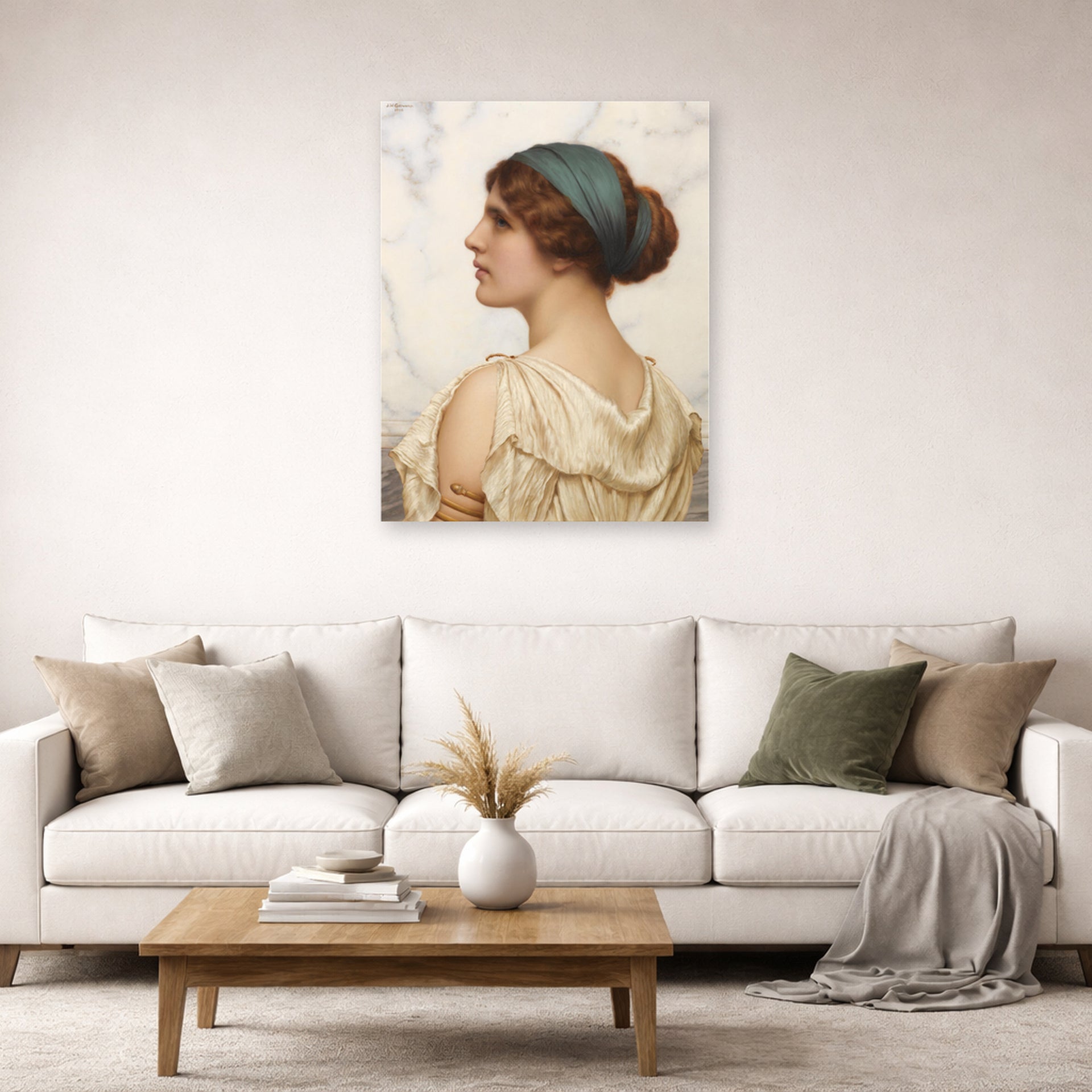 Unframed poster print of John William Godward's Atalanta displayed on a wall in a living room