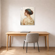 Unframed poster print of John William Godward's Atalanta displayed on a wall in an office