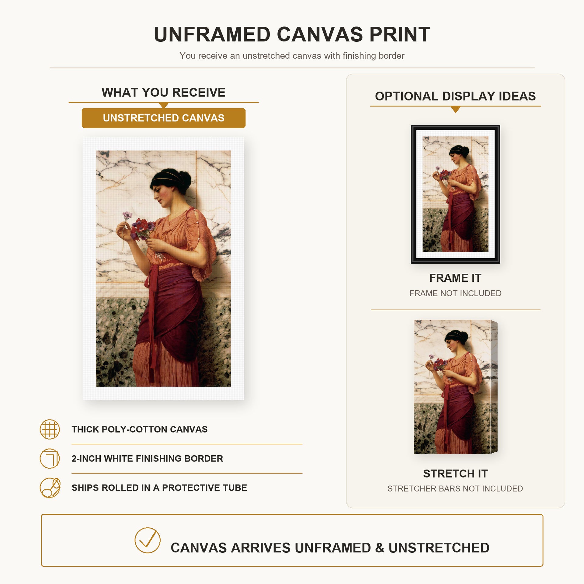 John William Godward - Crytilla canvas print size comparison and framing display infographic