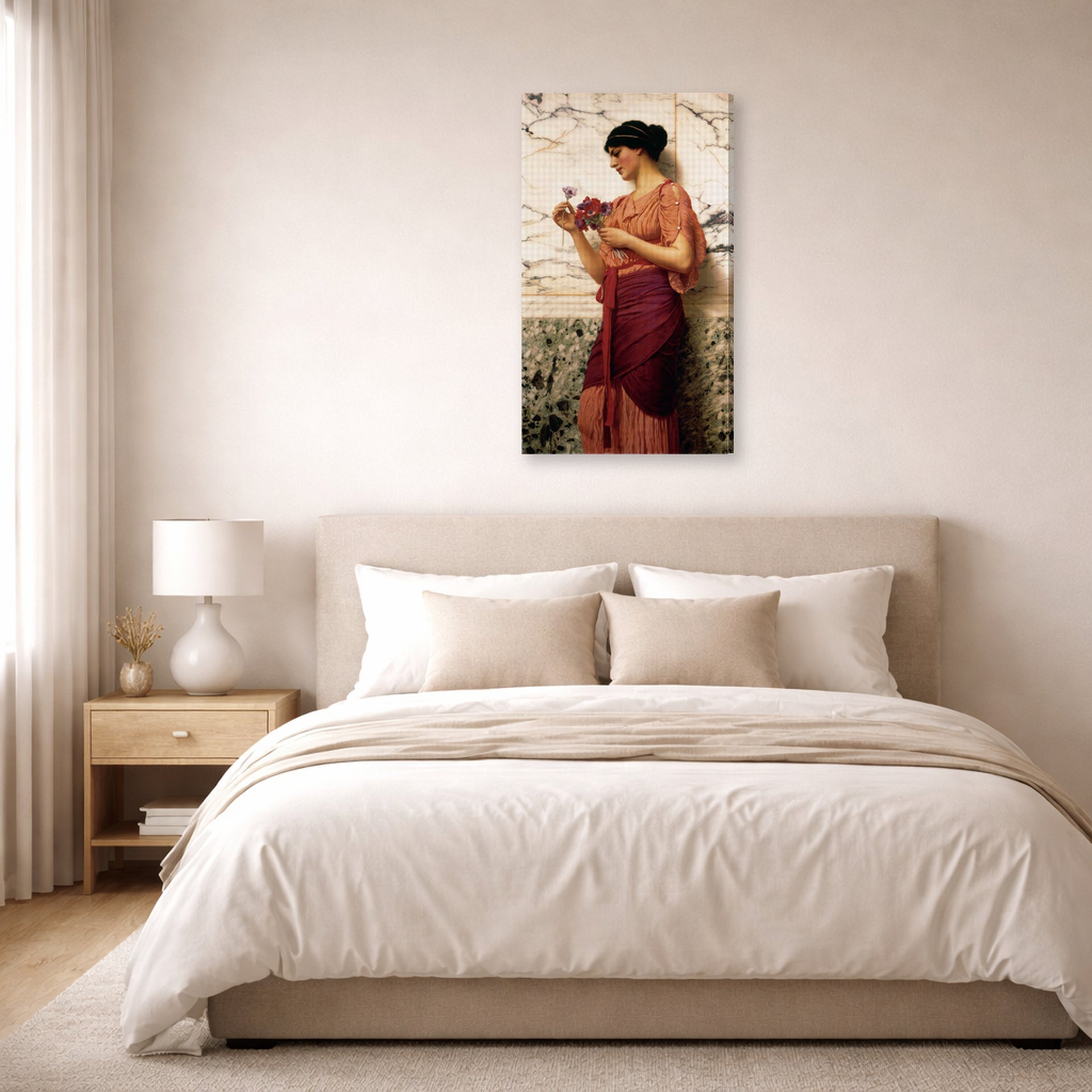 Gallery-wrapped canvas print of John William Godward's Crytilla displayed on a wall in a bedroom