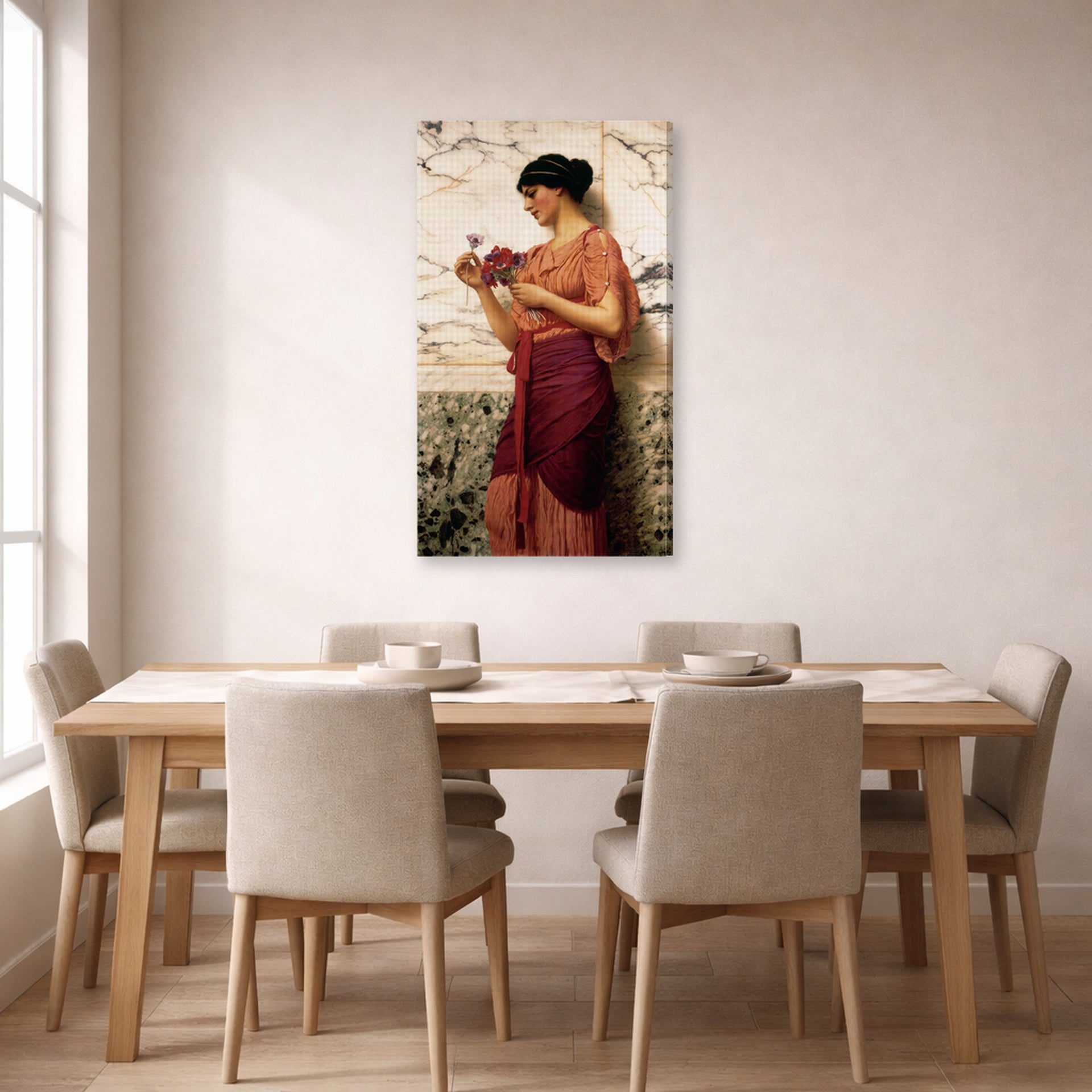 Gallery-wrapped canvas print of John William Godward's Crytilla displayed on a wall in a dining room