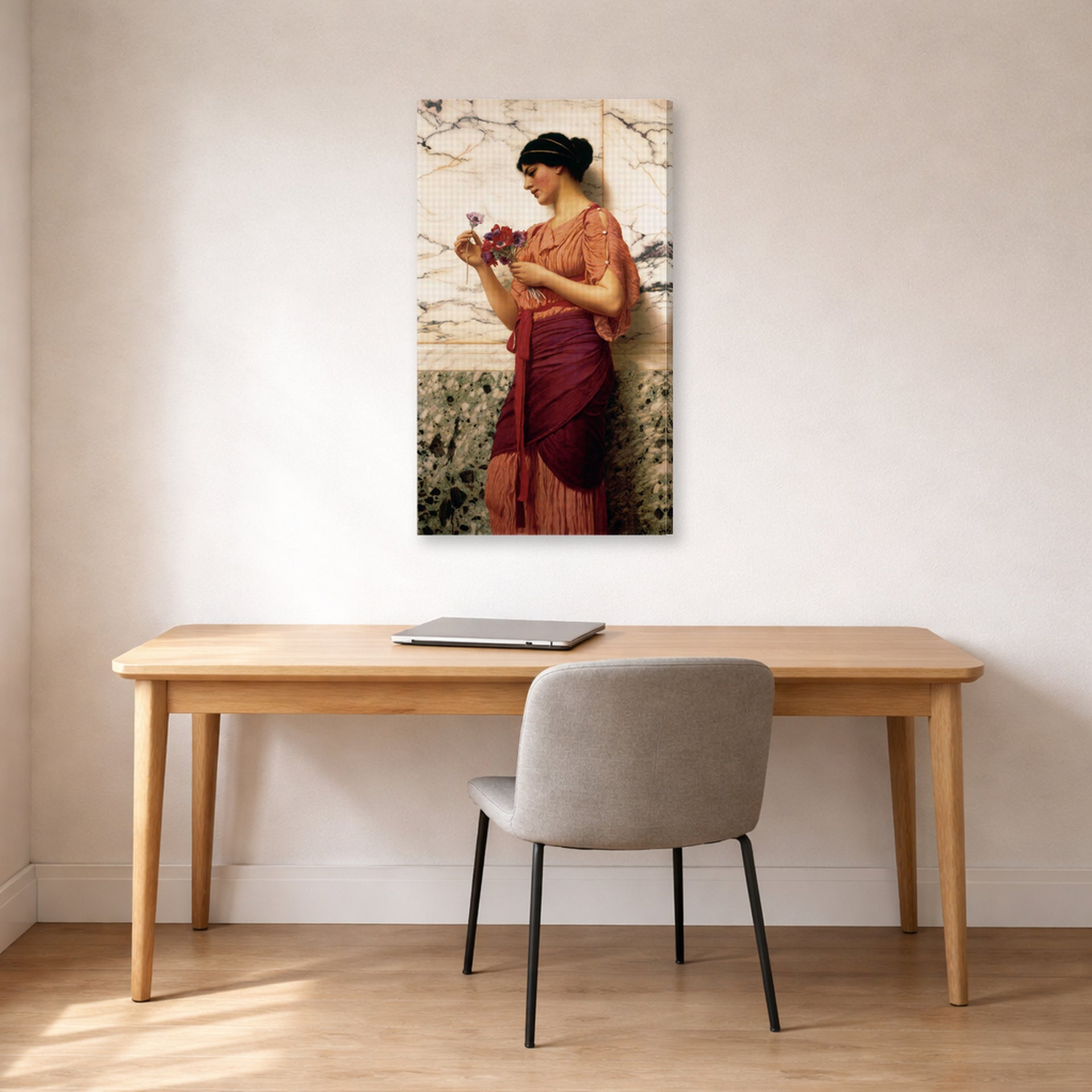 Gallery-wrapped canvas print of John William Godward's Crytilla displayed on a wall in an office