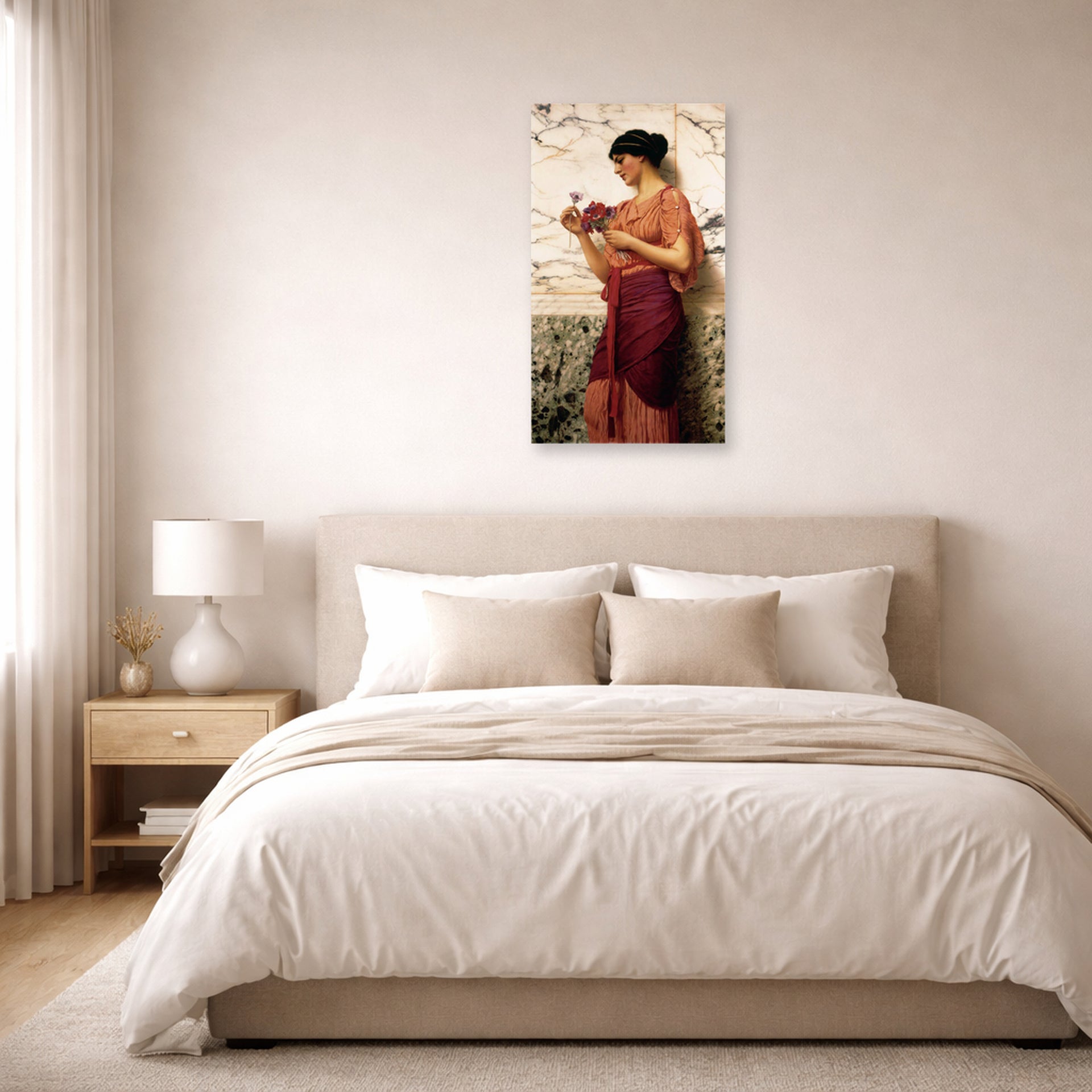 Unframed poster print of John William Godward's Crytilla displayed on a wall in a bedroom