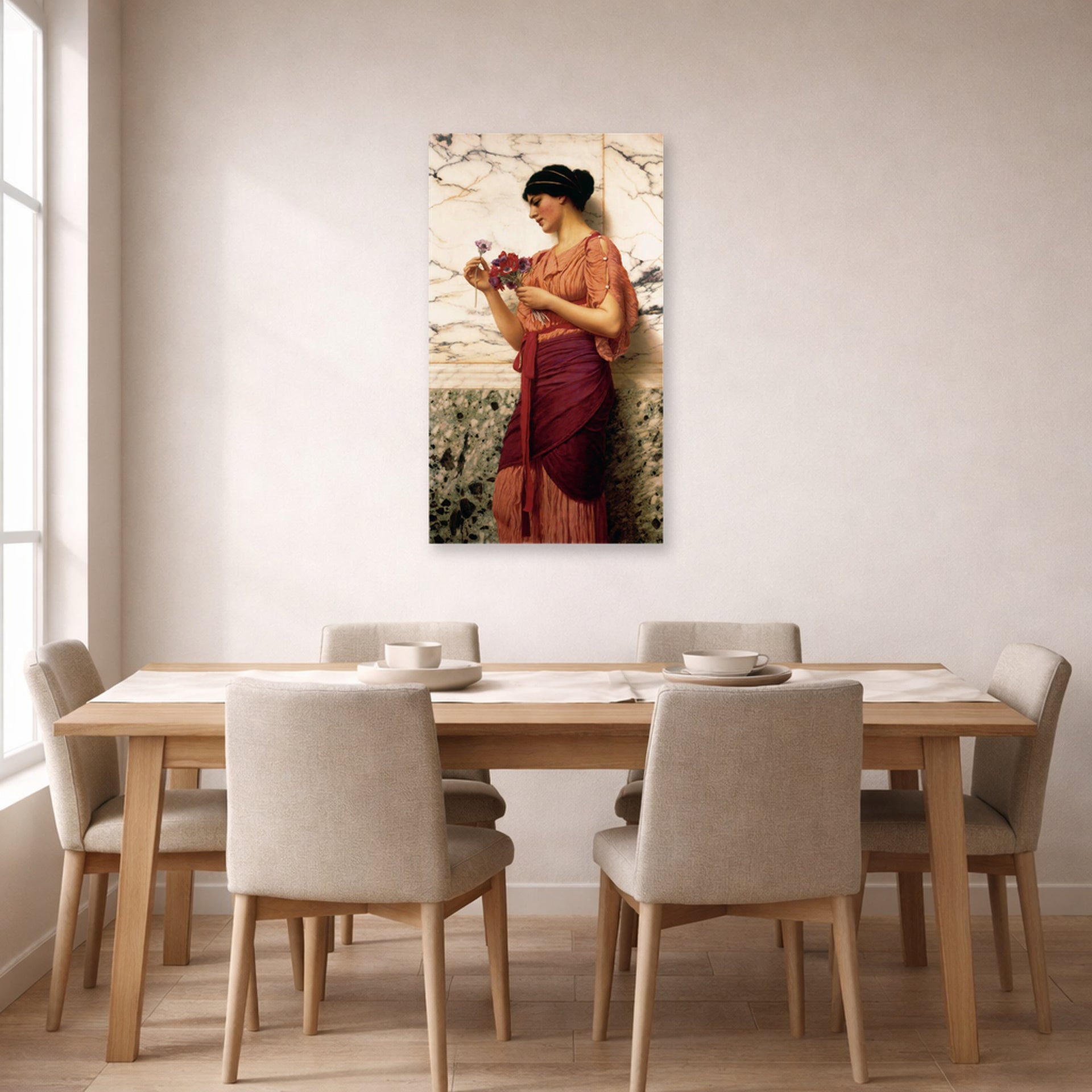 Unframed poster print of John William Godward's Crytilla displayed on a wall in a dining room