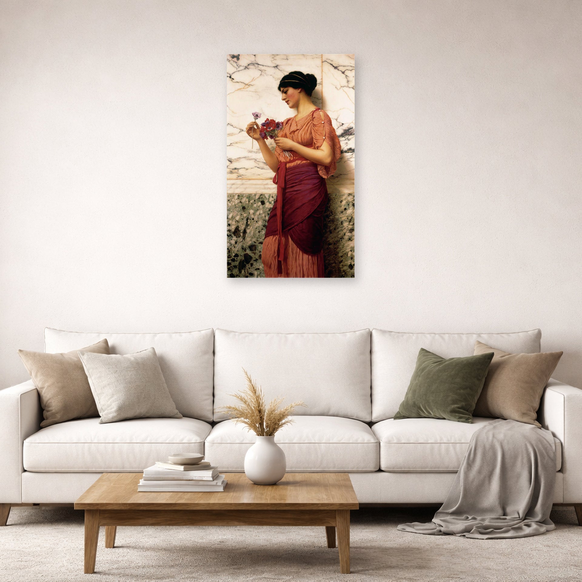 Unframed poster print of John William Godward's Crytilla displayed on a wall in a living room